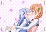  2girls aneten blue_hair blush brown_hair closed_eyes company_connection dropping gochuumon_wa_usagi_desuka? hair_ornament hoto_cocoa kafuu_chino kiss long_hair manga_(object) manga_time_kirara multiple_girls sakura_trick short_hair sonoda_yuu surprise_kiss surprised takayama_haruka violet_eyes yuri 