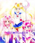  2013 3girls bishoujo_senshi_sailor_moon blonde_hair blue_skirt chibi_chibi chibi_usa choker copyright_name facial_mark forehead_mark hair_ornament hairclip heart multiple_girls official_style pink_hair pink_skirt sailor_chibi_chibi sailor_chibi_moon sailor_collar sailor_moon serious skirt staff tsukino_usagi twintails yoshizumi_rie 