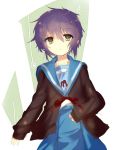  1girl brown_eyes nagato_yuki purple_hair rough school_uniform serafuku short_hair skirt solo suzumiya_haruhi_no_yuuutsu yusano 