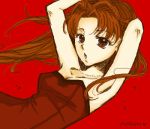  1girl :o alternate_eye_color armpits arms_behind_head bangs bare_shoulders brown_hair character_name dress floating_hair hair_intakes jewelry kamikaze_kaitou_jeanne kusakabe_maron lowres necklace parted_bangs red red_background red_dress red_eyes ri_(stfl1023) solo strapless_dress 