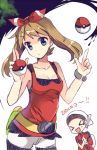  &gt;_&lt; 1boy 1girl backpack bag bike_shorts blue_eyes brown_hair chocho_(homelessfox) dated fanny_pack hair_ribbon haruka_(pokemon) haruka_(pokemon)_(remake) holding holding_poke_ball looking_at_viewer poke_ball pokemon pokemon_(game) pokemon_oras ribbon rough sleeveless sleeveless_shirt smile solo_focus wristband yuuki_(pokemon) yuuki_(pokemon)_(remake) 