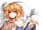  1girl alice_margatroid blonde_hair blue_eyes brooch bust capelet gears hairband highres jewelry lolita_hairband long_sleeves looking_at_viewer open_mouth puppet_rings puppet_strings ribbon short_hair solo touhou venomrobo white_background 