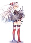  1girl amatsukaze_(kantai_collection) black_panties blush brown_eyes garter_straps hair_tubes kantai_collection long_hair looking_at_viewer looking_back mokoke panties personification red_legwear rensouhou-kun school_uniform serafuku side-tie_panties silver_hair simple_background solo striped striped_legwear thigh-highs twintails underwear white_background 