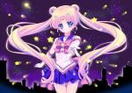  1girl bishoujo_senshi_sailor_moon blonde_hair blue_eyes blue_skirt bow brooch choker gloves hair_ornament hairpin highres jewelry long_hair magical_girl pleated_skirt purple_background ribbon sailor_collar sailor_moon skirt smile solo star tiara tsukino_usagi twintails umetori_uriri white_gloves 