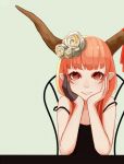  1girl alternate_costume atg_(wttoo0202) camisole chair elbow_rest eyelashes flower grey_background grin hair_flower hair_ornament head_rest horn_ribbon horns ibuki_suika long_hair looking_at_viewer orange_eyes orange_hair pointy_ears ribbon rose simple_background single_glove smile solo strap_slip table touhou white_rose 