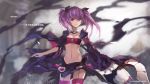 1girl aisha_(elsword) artist_name breasts cleavage elsword garter_straps hair_ribbon midriff navel pink_legwear purple_hair ribbon skirt sleeves_past_wrists solo swd3e2 thigh-highs translation_request tubetop twintails violet_eyes 