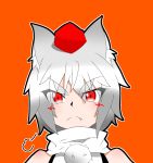  &gt;:&lt; animal_ears bare_shoulders blush fang hat highres inubashiri_momiji looking_at_viewer orange_background pom_pom_(clothes) red_eyes short_hair silver_hair simple_background tokin_hat touhou wolf_ears 