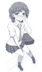  1girl between_legs blush dress_shirt hand_between_legs loafers low_twintails mattaku_mousuke monochrome necktie original parted_lips rough school_uniform shirt shoes sitting skirt socks solo striped striped_necktie twintails 