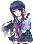  1girl bangs black_legwear blue_eyes blue_hair checkered checkered_skirt dangan_ronpa hair_ornament hairclip long_hair maizono_sayaka sailor_collar school_uniform serafuku skirt smile solo swept_bangs thighhighs z-epto_(chat-noir86) zettai_ryouiki 