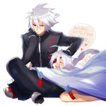  1boy 1girl ahoge alternate_costume blazblue cape eyepatch heart heterochromia hug nu-13 ragna_the_bloodedge rough silver_hair yusano 