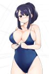  1girl blush breasts cleavage highres looking_at_viewer moru_(monaka) one-piece_swimsuit ponytail purple_hair solo swimsuit violet_eyes 