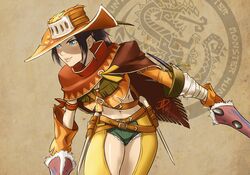  1girl black_hair blue_eyes blush chaps cowboy_hat cutoffs dagger daniel_macgregor dual_wielding furogi_(armor) hat holster lips midriff monster_hunter multiple_belts polearm poncho short_ponytail short_shorts shorts solo spear weapon 