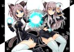  2girls animal_ears blue_eyes blush boots brown_hair cat_ears cat_girl cat_tail character_name dasuto fang glowing glowing_hand grin lieze_aria lieze_lotte long_hair lyrical_nanoha mahou_shoujo_lyrical_nanoha mahou_shoujo_lyrical_nanoha_a&#039;s multiple_girls one_eye_closed short_hair simple_background smile solo tail thigh-highs white_background white_legwear wink 
