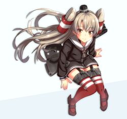  1girl amatsukaze_(kantai_collection) blush brown_hair garter_straps kantai_collection long_hair looking_at_viewer o_o pensuke personification red_legwear rensouhou-kun school_uniform serafuku silver_hair sitting smile striped striped_legwear thigh-highs zettai_ryouiki 