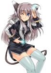  1girl animal_ears blue_eyes blush boots brown_hair cat_ears cat_girl cat_tail dasuto glowing grin lieze_aria long_hair lyrical_nanoha mahou_shoujo_lyrical_nanoha mahou_shoujo_lyrical_nanoha_a&#039;s one_eye_closed simple_background smile solo tail thigh-highs white_background white_legwear wink 
