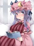  1girl blush book bow breasts crescent hammer_(sunset_beach) hat long_hair open_book open_mouth patchouli_knowledge purple_hair solo touhou violet_eyes 
