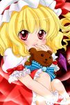  1girl asymmetrical_hair blonde_hair bow finger_in_mouth flandre_scarlet hat red_eyes side_ponytail sitting smile solo stuffed_animal stuffed_toy tagme teddy_bear touhou wings wrist_cuffs yuzuna99 