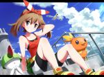  1girl bandana bird blush brown_hair erokosei grin haruka_(pokemon) pokemon pokemon_(game) sitting smile solo sweat torchic 