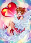  1girl brown_hair cardcaptor_sakura dress gloves green_eyes heart highres kinomoto_sakura magical_girl munakata ribbon shoes short_hair solo tagme white_gloves 