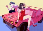  1boy 1girl black_hair blue_hair bracelet con_pota cosplay creator_connection crossed_legs dress high_heels jeep jewelry kill_la_kill matoi_ryuuko mikisugi_aikurou motor_vehicle panty_&amp;_stocking_with_garterbelt panty_(psg) panty_(psg)_(cosplay) red_dress see-through_(psg) short_hair sitting smile sunglasses sunglasses_on_head vehicle 