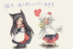  2girls animal_ears black_hair blush bouquet dress fang flower geta heart long_hair multiple_girls open_mouth red_eyes short_hair skirt smile tail tokyo_jungle touhou translation_request webclap white_hair wide_sleeves wolf_ears wolf_tail yohane 