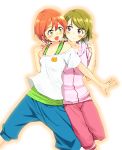  2girls blush brown_hair casual dancing hands_together hoshizora_rin itsuki_kuro koizumi_hanayo love_live!_school_idol_project multiple_girls open_mouth orange_hair short_hair smile violet_eyes yellow_eyes 