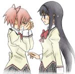  2girls akemi_homura black_hair blush bow closed_eyes crying earrings hairband hands_on_own_face jewelry kaname_madoka long_hair looking_at_another mahou_shoujo_madoka_magica mahou_shoujo_madoka_magica_movie multiple_girls open_mouth pink_hair school_uniform short_hair short_twintails simple_background skirt sweatdrop tears twintails violet_eyes white_background wiping_tears 