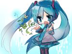  1girl aqua_eyes aqua_hair chibi detached_sleeves hatsune_miku headset highres long_hair necktie rough singing skirt solo thigh-highs twintails very_long_hair vocaloid yusano 