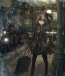  1girl alternate_costume belt brown_hair clock hat lamp locomotive luggage michi_l_(streetlamp) necktie removing_hat short_hair skirt steam_locomotive steampunk touhou train train_station usami_renko victorian yellow_eyes 