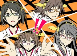  !! 4girls ahoge all-out_attack amagi_yukiko bare_shoulders black_eyes black_hair blue_eyes brown_eyes brown_hair detached_sleeves double_bun glasses green-framed_glasses grey_eyes hair_ornament hairband hairclip hanamura_yousuke haruna_(kantai_collection) headgear hiei_(kantai_collection) japanese_clothes kantai_collection kirishima_(kantai_collection) kongou_(kantai_collection) kujikawa_rise long_hair multiple_girls narukami_yuu nontraditional_miko open_mouth orange-framed_glasses parody persona persona_4 personification pink-framed_glasses red-framed_glasses short_hair 