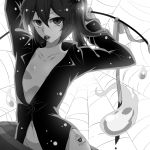  1girl alternate_costume arms_behind_head bare_legs blank_stare blouse body_writing bucket cherry collarbone food fruit greyscale hair_between_eyes hair_bobbles hair_ornament hitodama kisume looking_at_viewer monochrome navel open_clothes short_hair small_breasts spider_web touhou twintails 