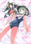  3girls absurdres animal_ears arms_up bent_over bird_wings black_hair black_wings bow braid breasts cat_ears cat_tail closed_eyes commentary_request flat_chest green_eyes grin hair_bow hat hat_ribbon highres kaenbyou_rin kagachan komeiji_koishi large_breasts long_hair looking_at_viewer multiple_girls multiple_tails one_eye_closed open_mouth pose red_eyes redhead reiuji_utsuho ribbon school_swimsuit silver_hair smile swimsuit tail third_eye touhou twin_braids wings wink 