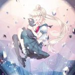  1girl asymmetrical_hair bishoujo_senshi_sailor_moon bishoujo_senshi_sailor_moon_crystal blonde_hair blue_skirt cat closed_eyes hair_bun happy long_hair luna_(sailor_moon) pleated_skirt school_uniform serafuku side_ponytail skirt tsukino_usagi u_lon 