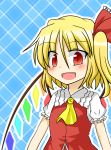  1girl :d ascot asymmetrical_hair blonde_hair blue_background blush fangs flandre_scarlet frilled_shirt_collar hair_ribbon highres open_mouth outline plaid plaid_background puffy_short_sleeves puffy_sleeves red_eyes ribbon short_sleeves side_ponytail slit_pupils smile solo touhou vest wings yuutamiitan 