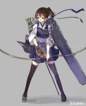  1girl arrow bow_(weapon) brown_eyes brown_hair grey_background highres kaga_(kantai_collection) kantai_collection looking_away muneate personification quiver short_hair side_ponytail simple_background skirt solo standing thigh-highs twitter_username weapon 