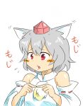  1girl animal_ears bare_shoulders blush blush_stickers detached_sleeves embarrassed fingers hat inubashiri_momiji kieeyo open_mouth pom_pom_(clothes) red_eyes short_hair silver_hair simple_background solo tokin_hat touhou white_background wolf_ears 