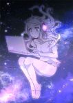  1girl :| barefoot computer floating_hair focused headphones laptop long_hair meago off_shoulder original pantyhose solo space star starry_background t-shirt tareme typing 