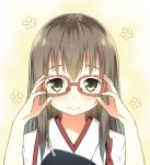  1girl akagi_(kantai_collection) bespectacled blush flower_(symbol) glasses gradient gradient_background hand_on_glasses kantai_collection long_hair muneate simple_background sky_(freedom) smile solo tagme yellow_eyes 