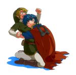  blonde_hair blue_eyes blue_hair cape earrings fire_emblem fire_emblem:_souen_no_kiseki hat headband hug ike jewelry link nikayu nintendo pointy_ears super_smash_bros. the_legend_of_zelda twilight_princess 