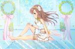  1girl anklet barefoot bracelet brown_hair flower hair_flower hair_ornament hairband jewelry long_hair reflection sitting skirt solo stairs toufuu yellow_eyes 