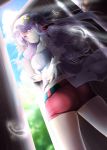  1girl ass blue_sky breasts chemise clouds crescent dress excel_(shena) feathers large_breasts long_hair looking_at_viewer mob_cap off_shoulder open_clothes open_dress open_jacket outstretched_arm outstretched_hand patchouli_knowledge purple_hair see-through shorts sky solo touhou very_long_hair violet_eyes 
