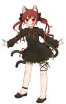  1girl alternate_hairstyle amonitto animal_ears blush bow cat_ears cat_tail hair_bow kaenbyou_rin long_hair looking_at_viewer multiple_tails red_eyes redhead simple_background smile solo tail touhou twintails white_background 
