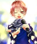  1boy fingerless_gloves gloves jacket male microphone mikado_nagi one_eye_closed open_mouth pink_eyes pink_hair scarf short_hair smile solo uta_no_prince-sama uta_no_prince-sama_maji_love_2000_percent wink 