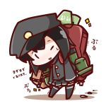  1girl akitsu_maru_(kantai_collection) backpack bag black_hair bucket chibi hat head_tilt kantai_collection machinery military military_uniform nuu_(nu-nyu) one_eye_closed open_mouth short_hair simple_background solo sweat tagme thigh-highs translation_request trembling uniform wavy_mouth white_background wink 