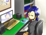  1girl blue_hair business_suit cameo computer folded_ponytail highres idolmaster kisaragi_chigusa kisaragi_chihaya laptop ryu_miyako sitting smile solo 