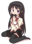  1girl akemi_homura black_hair black_legwear bow doughnut eating hairband long_hair looking_to_the_side mahou_shoujo_madoka_magica school_uniform simple_background solo tatuyayosi thigh-highs violet_eyes white_background zettai_ryouiki 