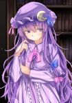  1girl book bookshelf capelet commentary_request crescent_moon double_bun hair_between_eyes hair_ribbon hair_twirling highres long_dress long_hair looking_to_the_side mob_cap moon nervous patchouli_knowledge purple_clothes purple_hair ribbon solo touhou tress_ribbon usotsuki_penta violet_eyes 