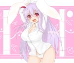  1girl alternate_costume animal_ears arms_up breasts cleavage collarbone large_breasts long_hair long_sleeves looking_at_viewer no_pants open_mouth panties pink_eyes purple_hair rabbit_ears reisen_udongein_inaba shirt skindentation smile solo sprout_(33510539) touhou underwear very_long_hair white_panties 