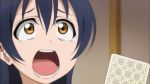  1girl blue_hair card highres lipgloss love_live!_school_idol_project open_mouth orange_eyes screencap solo sonoda_umi 