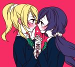  0lily0 2girls ayase_eli blonde_hair blush corset_piercing heart holding_hands interlocked_fingers looking_at_another love_live!_school_idol_project low_twintails multiple_girls piercing ponytail purple_hair red_background school_uniform scrunchie toujou_nozomi twintails yuri 